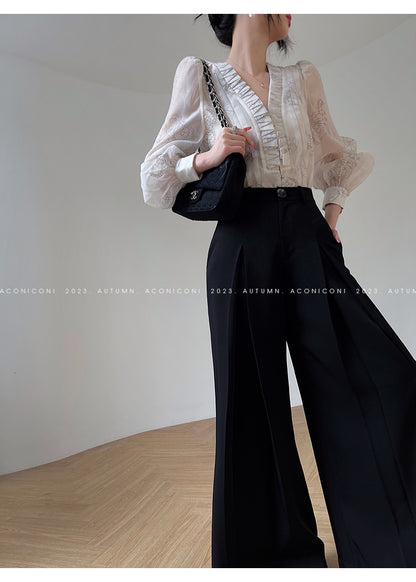 Aconiconi Eleant White Waist Loose Long Straight Suit Dinner Pants- Cloud Steps