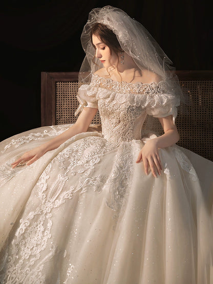 Bride off shoulder high-quality textured lace wedding dress - Garden of Eden