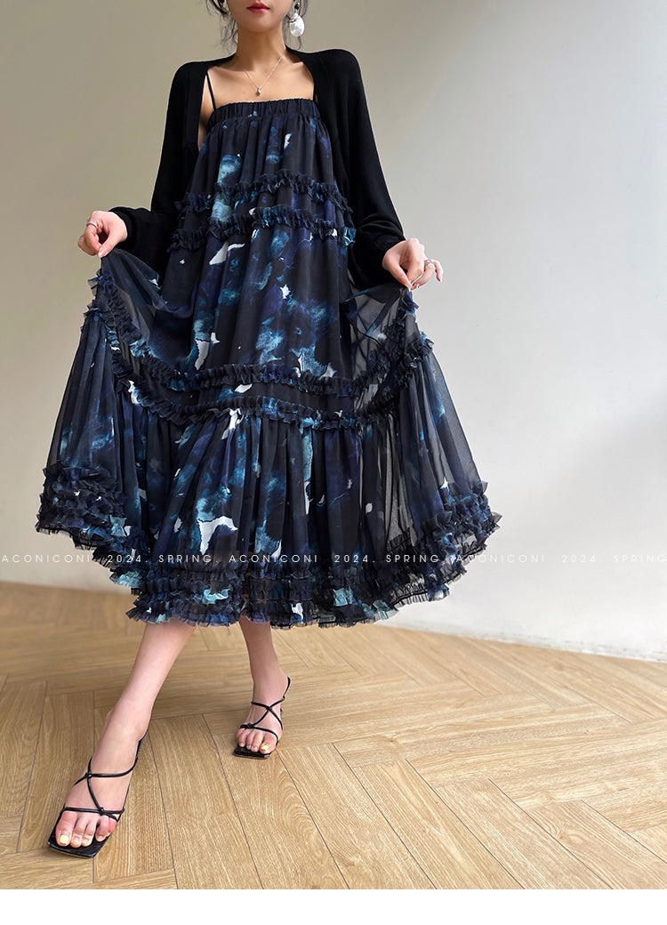 Aconiconi| Luxury French Print High Waist Ruffle Hem Skirt- Annie's Time