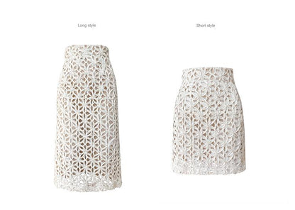 Aconiconi Elegant French Retro Hollow lace High Waist Midi pencil lace Skirt - Tina