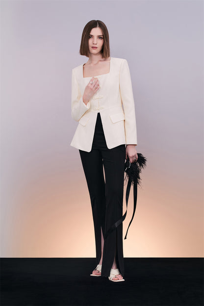 PURITY Elegant white jacquard square collar buckle blazer pant suit set- Jacquline