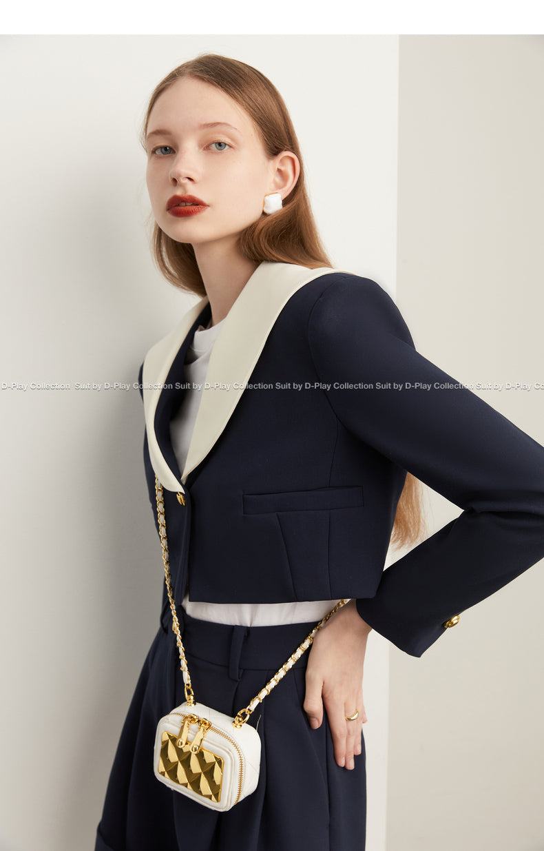 Fall autumn vintage navy collar high-waisted short coat - Wiole