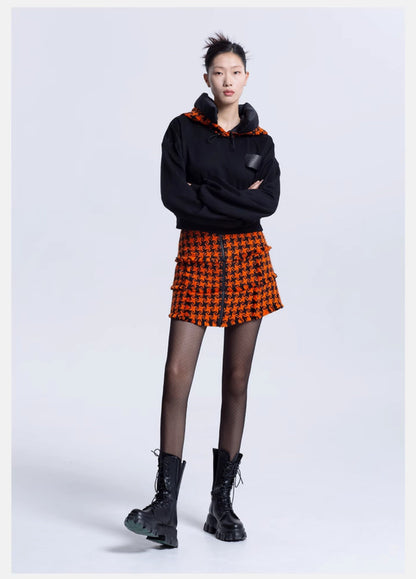 LEDIM W Patchwork luxury orange houndstooth plaid hooded black sweat shirt pullover -Haiei