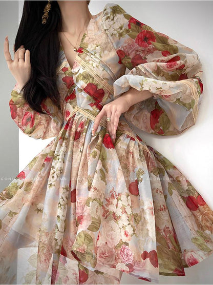 Aconiconi Elegant French Floral Print V-Neck Lantern Sleeve short Dress- Hanano Hatsugaki