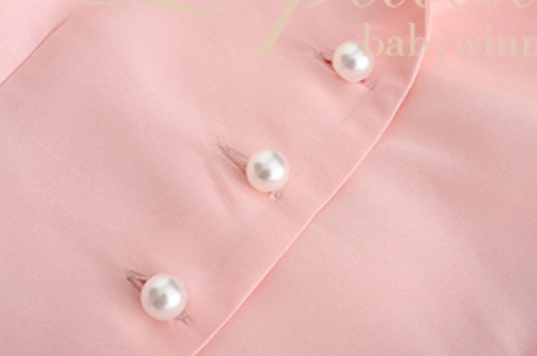 Le Palais Vintage Pink Retro Lapel Long Sleeve Button Puffy Cocktail Skirt-LEO