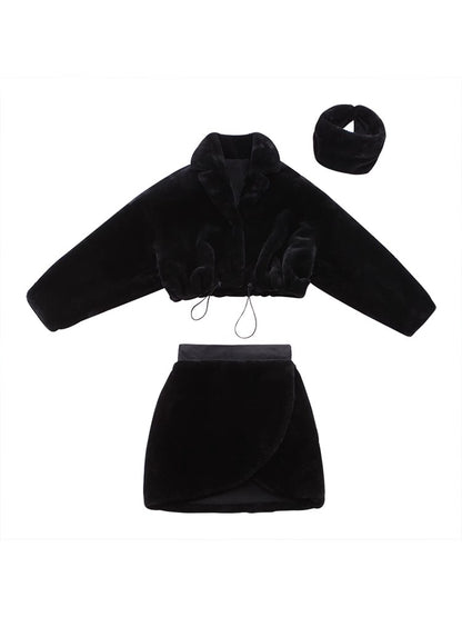 Le Palais Vintage Luxury Black Long Sleeves Short Faux Fur Short Coat and Dinner Skirt Suit-Selena