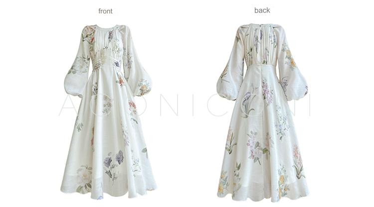 Aconiconi French Floral Print Puff Sleeve Wedding Guest Dress- Lily of the Valley Whisper