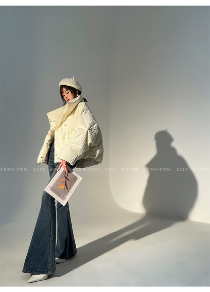 Aconiconi Elegant White Duck Down Long Sleeve Thick Winter Coat- Dusk and Morning