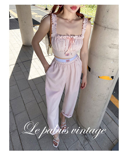 Le Palais Vintage Luxury Pink Striped Lace Crop Suspenders High Waist Short Skirt-Katie