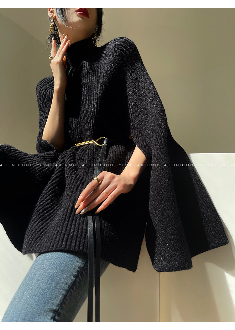 Aconiconi|Cloak Jacket Sleeve Loose Knit Shawl Shoulder Sweater - Snow Lovers