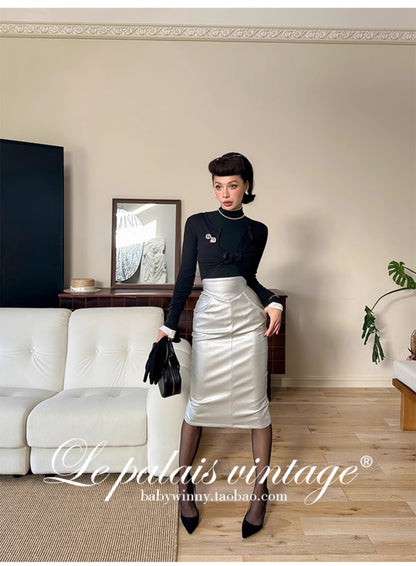 Le Palais Vintage Retro Sliver High Waist Midi pencil Skirt-Ella