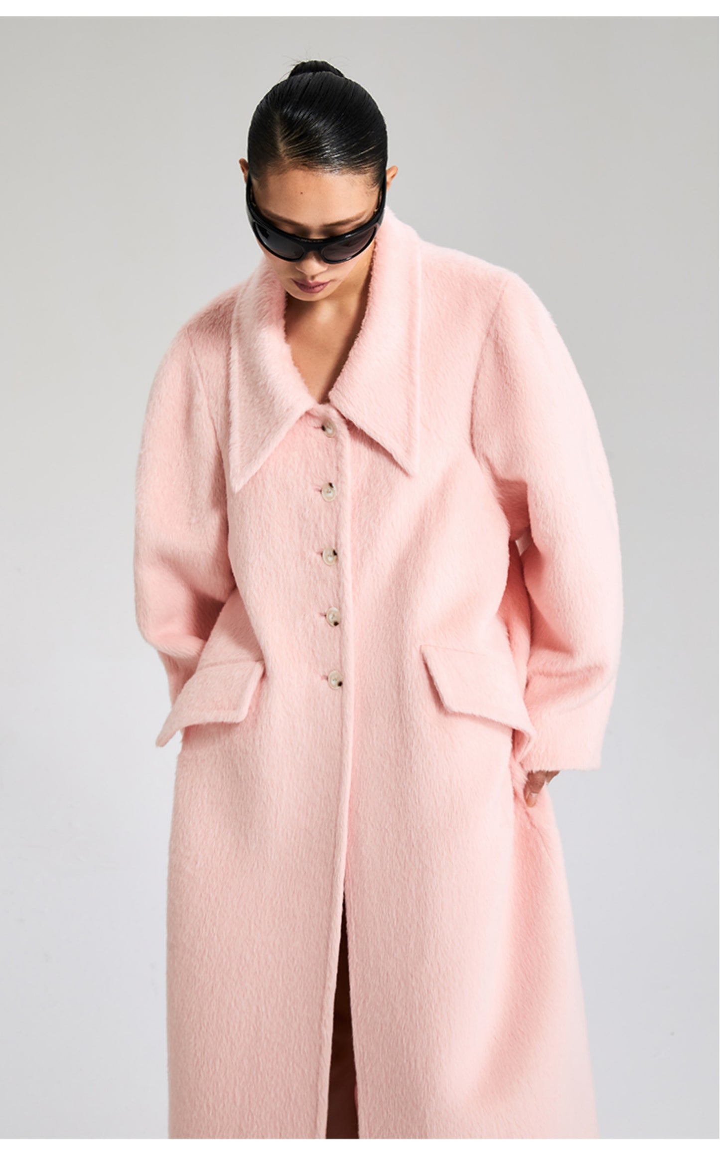 LEDIM W wool square neck pastel salmon pink loose long winter coat- Fan