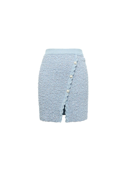 YES BY YESIR elegant simple pastel blue wool fragrance knit skirt cardigan - Sea