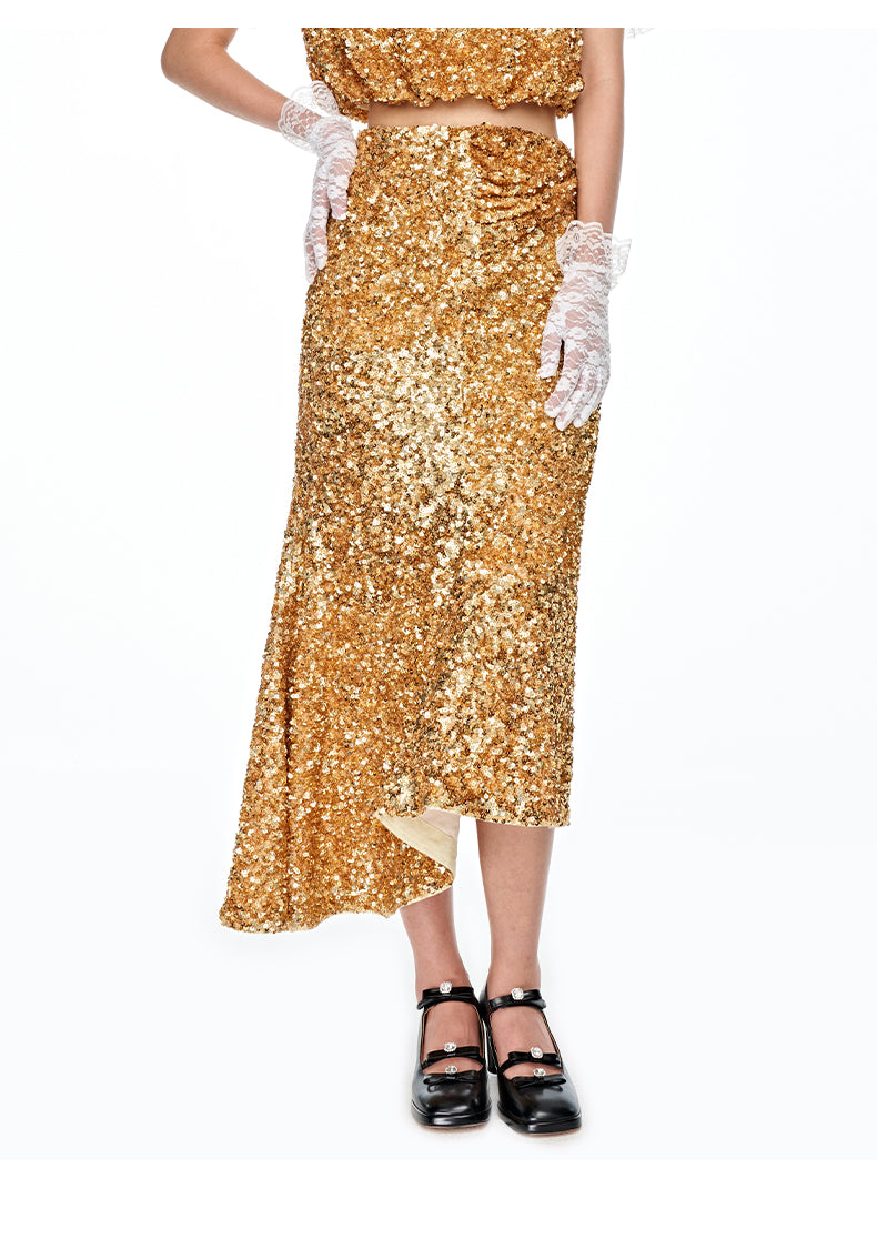 FAME gorgeous sequins beaded hand-stitched buttoned fishtail hoilday party skirt - Mei