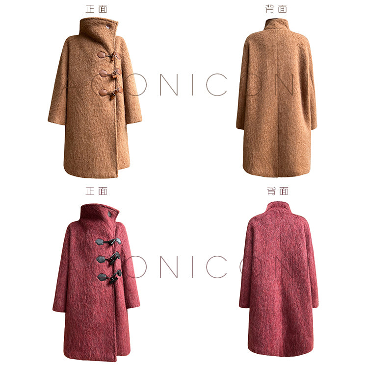 Aconiconi Elegant Korean Collar Long Sleeve Horn Button Thick Coat-  Berry Waffles