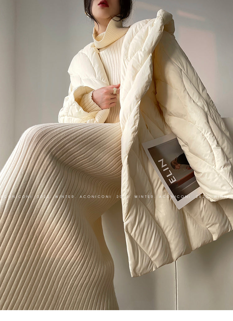 Aconiconi White Duck Down Hooded Long Sleeve Thick Long Winter Coat- Shephardess