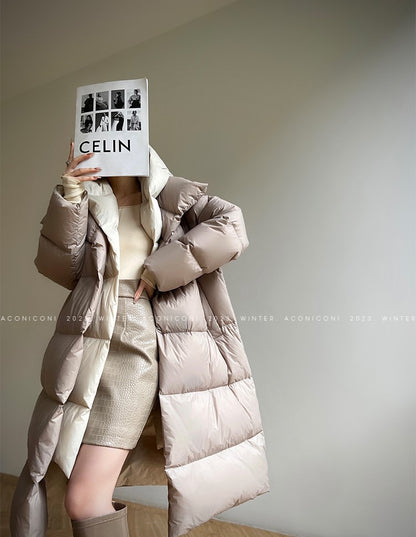 Aconiconi Luxury Duck Down Loose Beige Long Winter Jacket Coat- Almond Croissant