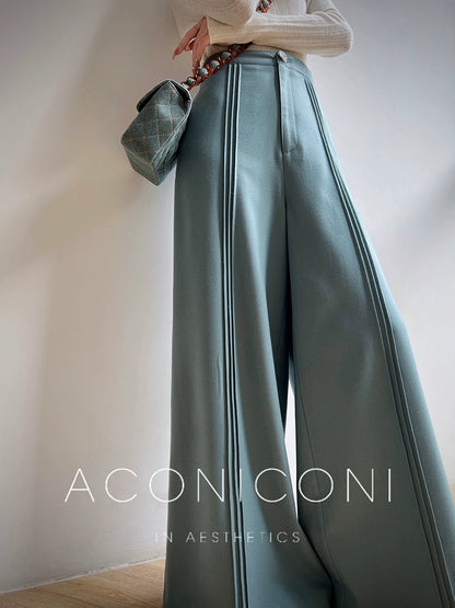 Aconiconi Elegant Black Sea Blue wide leg Long Chic Pants- Black Tea Salt Lake