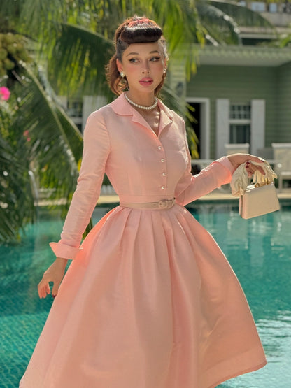 Le Palais Vintage Pink Retro Lapel Long Sleeve Button Puffy Cocktail Skirt-LEO