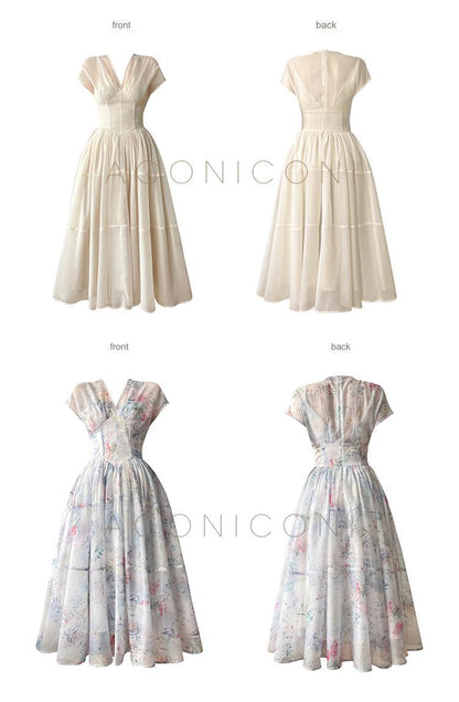 Aconiconi  high-end V-neck A-Line Vintage printed tea summer dress- Yufu fairy