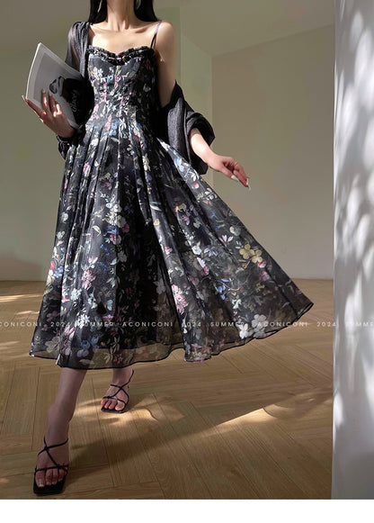 Aconiconi Luxury Black Flower Print  Slim Waist vacation Dress- Huachen Yueying