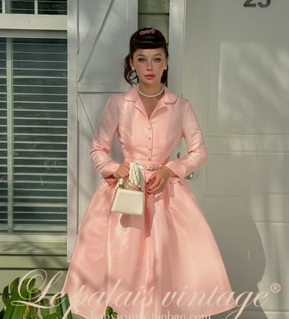 Le Palais Vintage Pink Retro Lapel Long Sleeve Button Puffy Cocktail Skirt-LEO