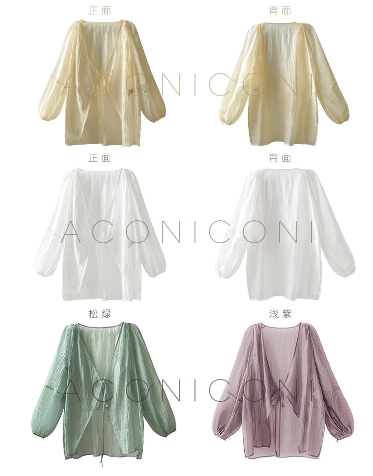 Aconiconi Elegant V-Neck Long Sleeve Loose Lace Chic Shirt-Light Dance Whisper