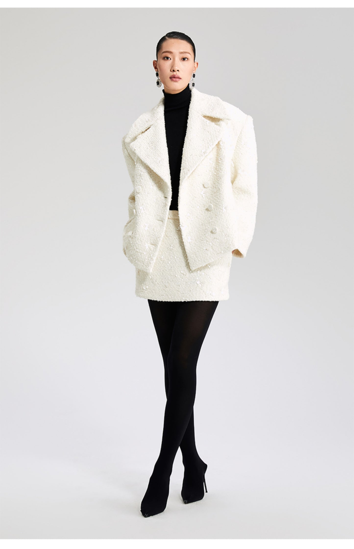 LEDIM WHITE WOOLEN TOP DOUBLE-ROW LOOSE SUIT JACKET - Debut