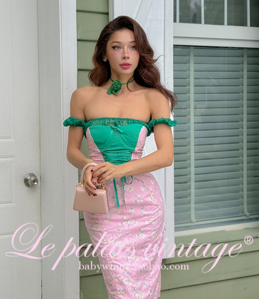 Le Palais Vintage Luxury Pink Green Floral Two-Piece Corset-Style Lace-up Dress- HAL