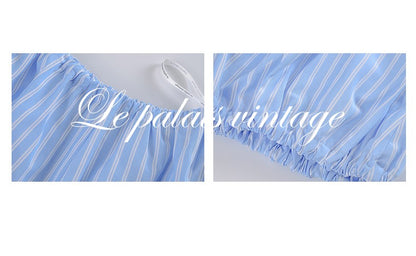 Le Palais Vintage Luxury Blue Striped Crop Shirt Pleated Skirt Pumpkin Shorts-Janetta