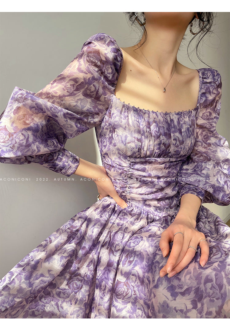 Aconiconi Square Collar Long Sleeve Tea Dress- Amethyst Water