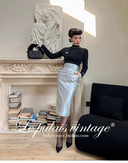 Le Palais Vintage Retro Sliver High Waist Midi pencil Skirt-Ella