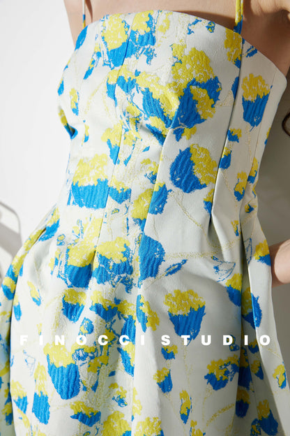 French yellow blue printed jacquard  puffy dress- Nicco