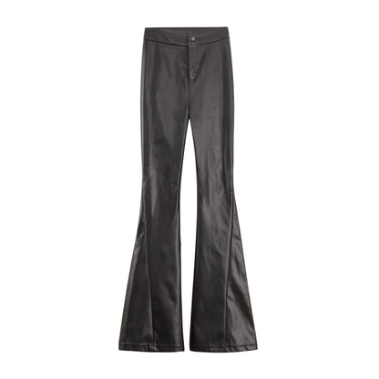 Le Palais Vintage Black Leather Top/ High-waisted Hip Leather Flared Pants-Zhuri