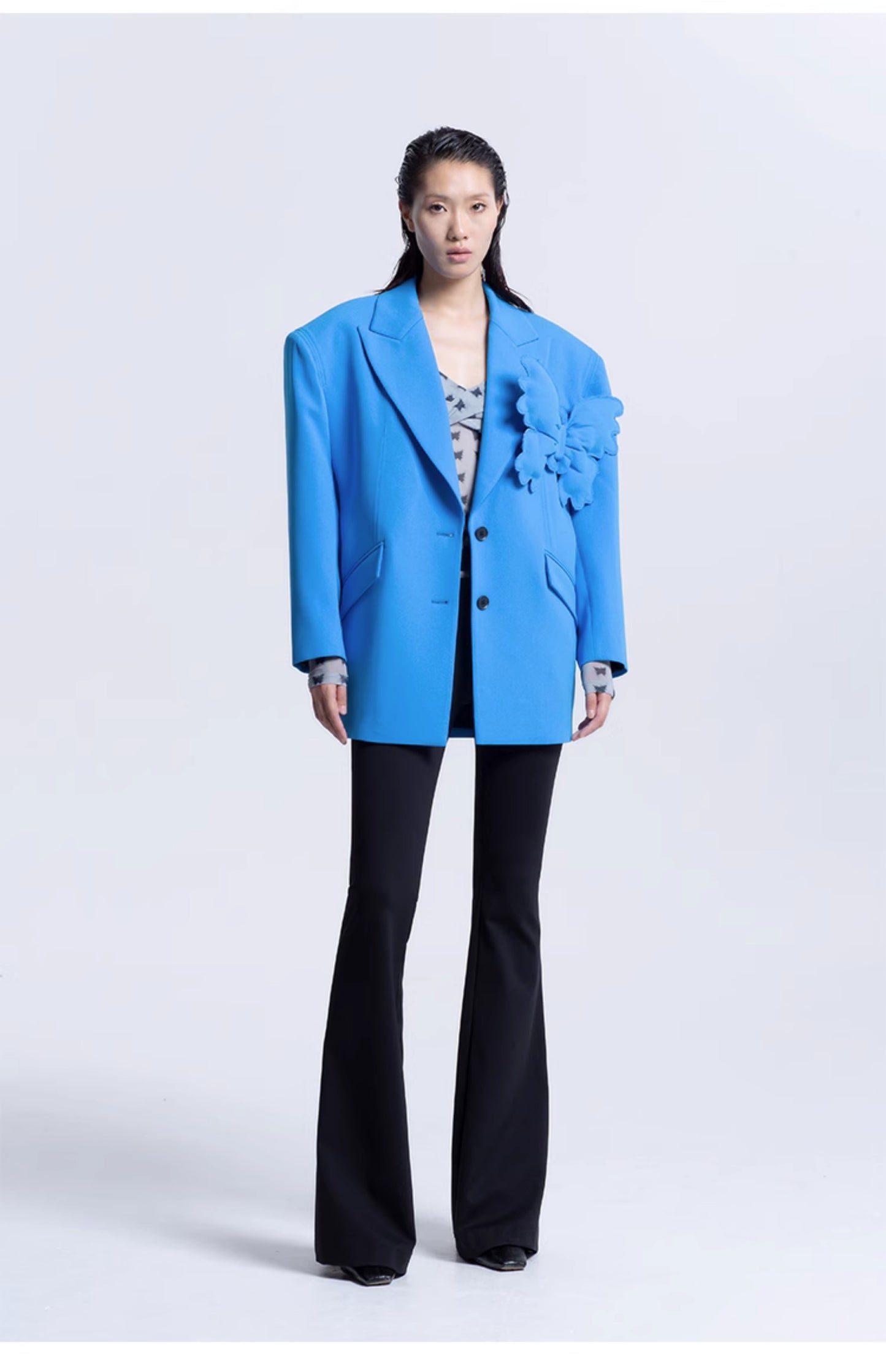 LEDIM W Blue  Super Wide Shoulder Suit jacket blazer- Butterfly