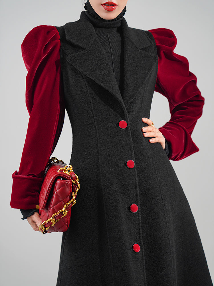 Huanzi haute couture French vintage contrast puff sleeves cinched waist  double-sided cashmere coat women's autumn winter tweed coat