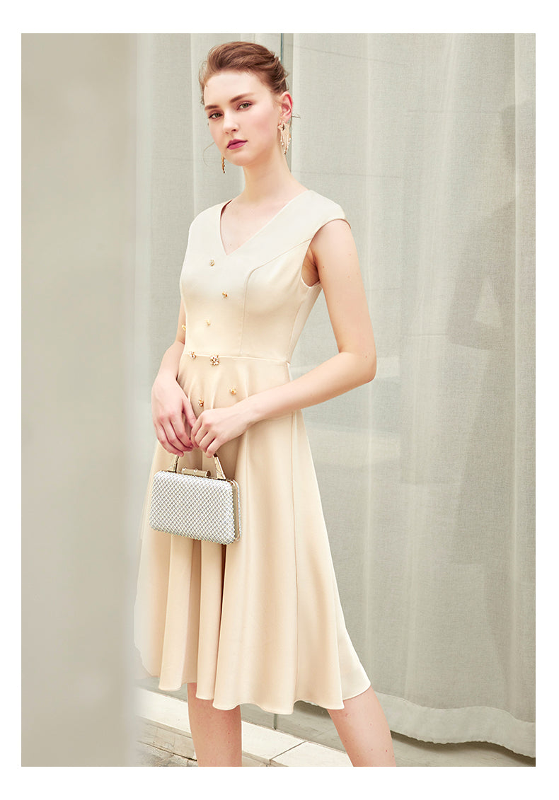 SIDUO Elegant autumn mid length sleeveless V-neck mid waist A-line skirt beige dinner dress -Anne  ( V )