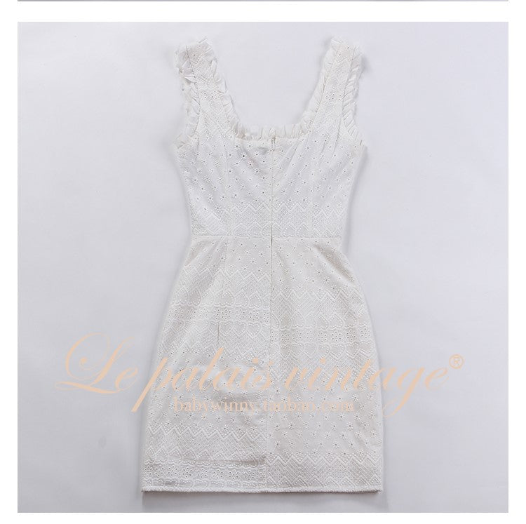 Le Palais Vintage High End Retro Midi Embroidered Strap White Cocktail Dress-Martina