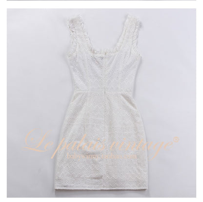 Le Palais Vintage High End Retro Midi Embroidered Strap White Cocktail Dress-Martina