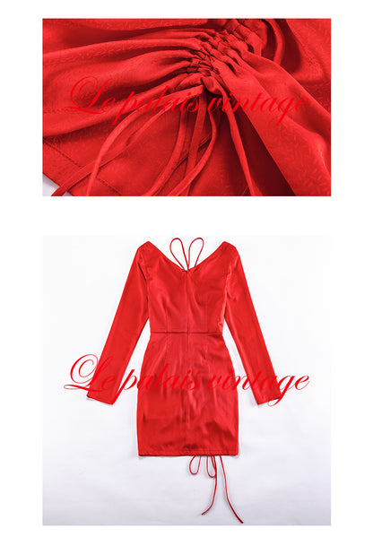 Le Palais Vintage High End Red Long Sleeve Satin V-neck Pleated Party dress-Ruby