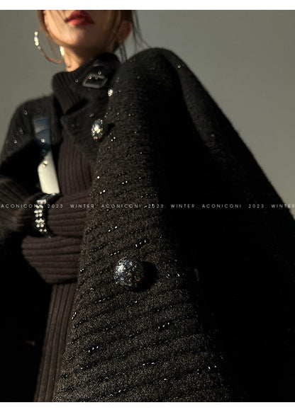 Black night wool two-piece coat jacket skirt - Utopia moonlit