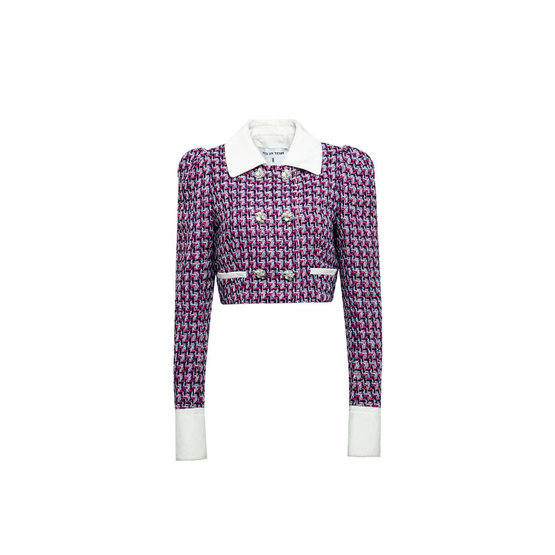 YES BY YESIR autumn winter grid plaid tweed pattern jacket skirt - Grape