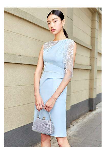 SIDUO Elegant mid skirt short sleeves mid waist slim fit baby blue banquet dress-Alice ( V )