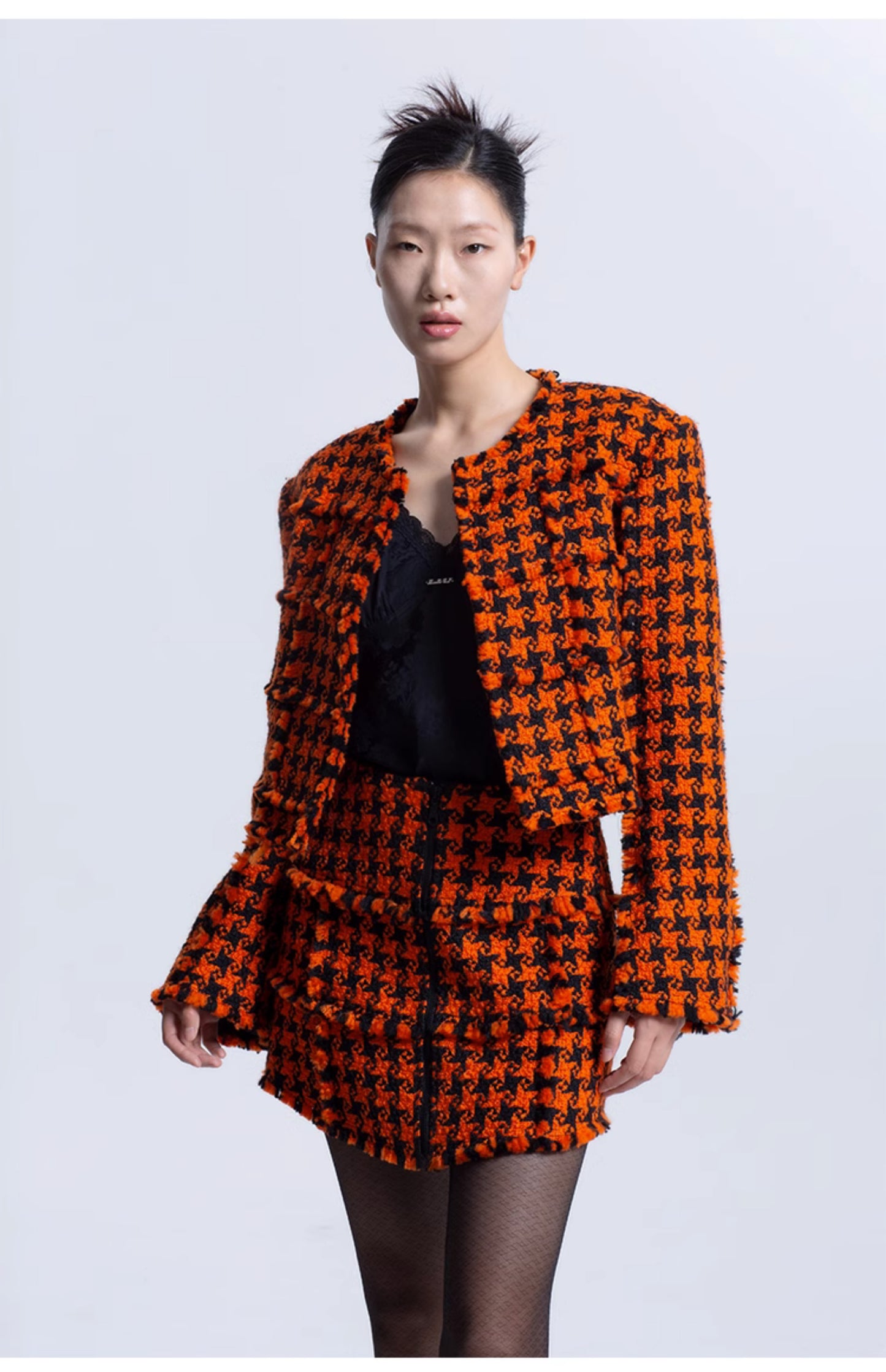 LEDIM W luxury high end patchwork orange houndstooth plaid blazer jacket - Haiei