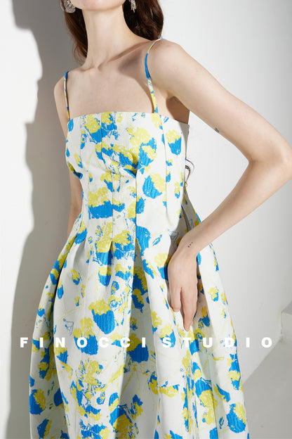 French yellow blue printed jacquard  puffy dress- Nicco