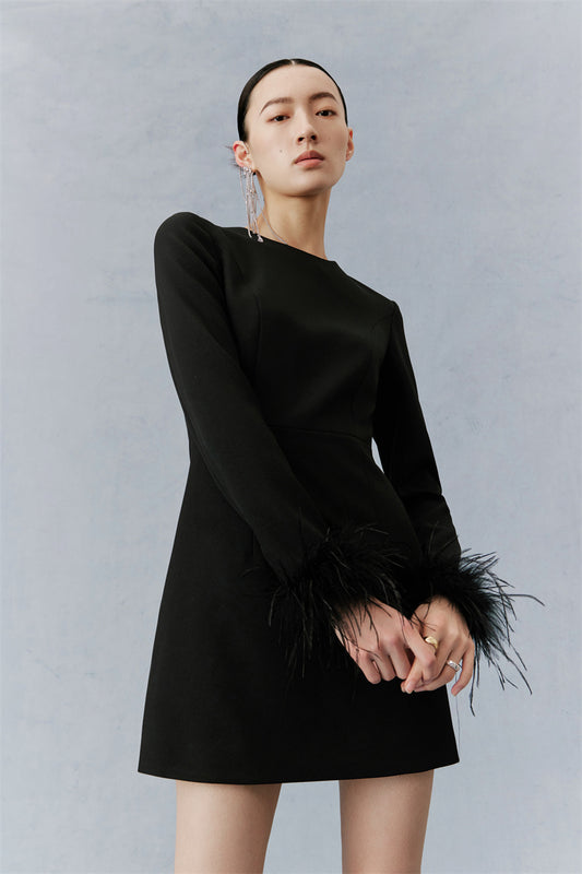 PURITY  Elegant Modern Feathers minimalist long-sleeved little black dress- Dennie