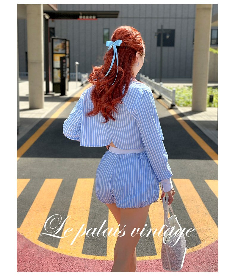 Le Palais Vintage Luxury Blue Striped Crop Shirt Pleated Skirt Pumpkin Shorts-Janetta