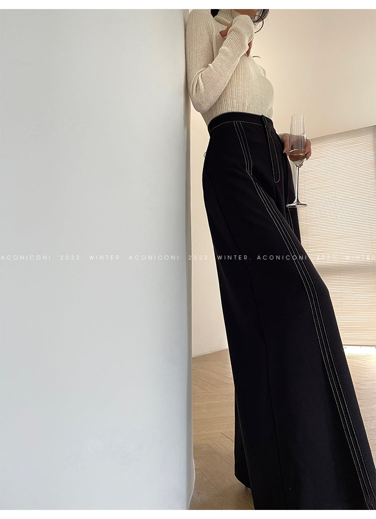 Aconiconi Elegant Black Sea Blue wide leg Long Chic Pants- Black Tea Salt Lake