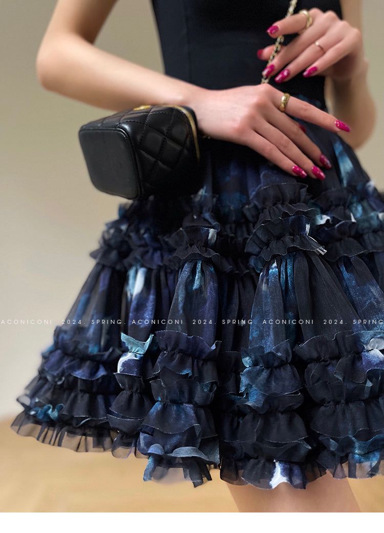 Aconiconi| Luxury French Print High Waist Ruffle Hem Skirt- Annie's Time