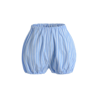 Le Palais Vintage Luxury Blue Striped Crop Shirt Pleated Skirt Pumpkin Shorts-Janetta